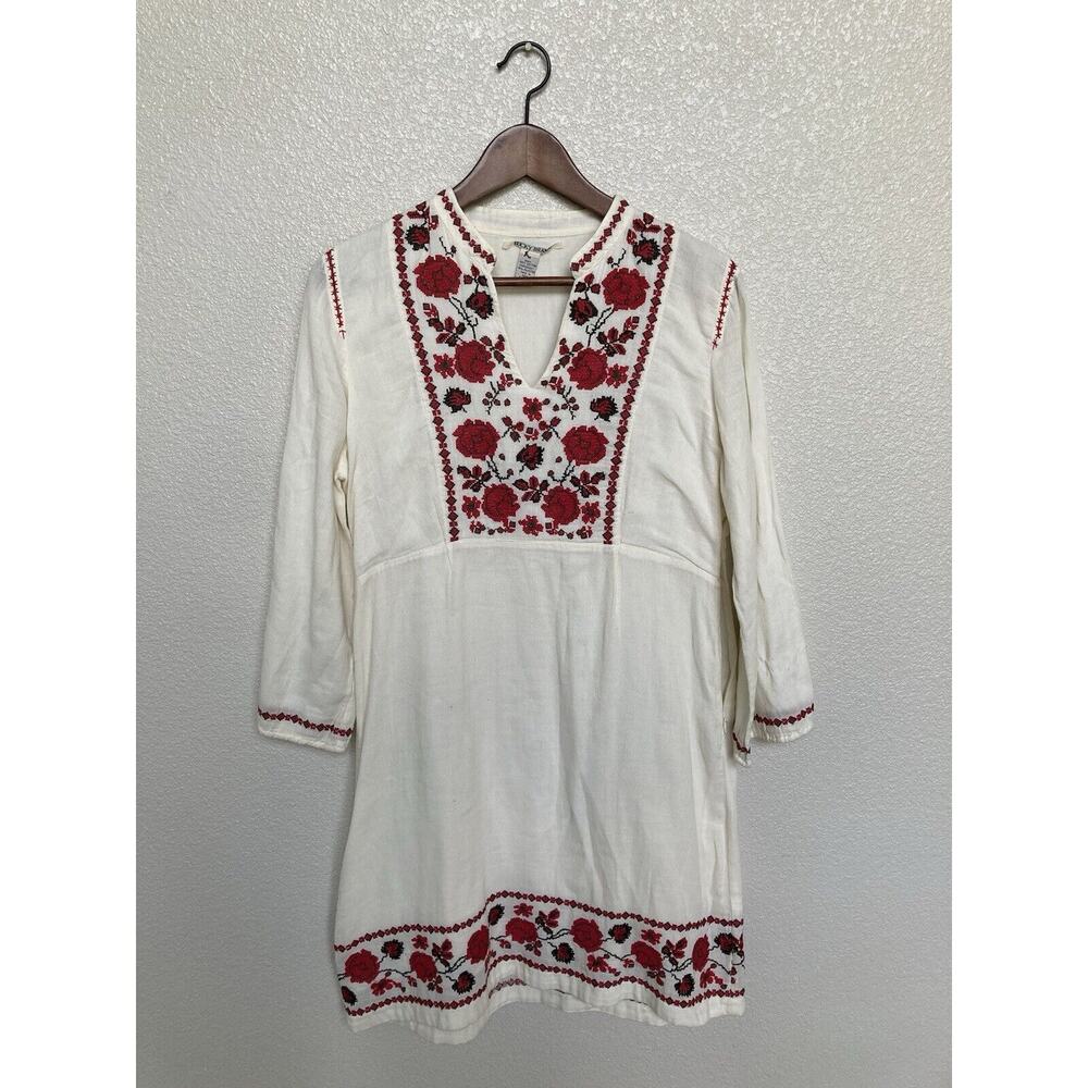 Lucky Brand Embroidered White Mini Dress size M 3/4 sleeves Boho Peasant cotton